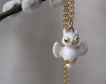 Owl Necklace, Tiny Ceramic Owl Pendant, Night Bird Charm, Small Cute White Bird Necklace, Snowy Owl Charm, Owl Lover Gift, Best Friend Gift