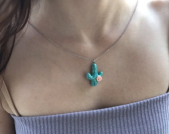 Cactus Neclace, Porcelain Cactus Pendant, Summer Necklace, Unique Necklace, Cute Cactus Charm, Cactus Lover Gift, Desert Necklace, Gift Box