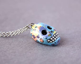 Leopard Print Necklace, Skull Necklace, Ceramic Skull Charm, Leopard Pattern Jewelry, Cute Skull Necklace, Halloween Skull Necklace