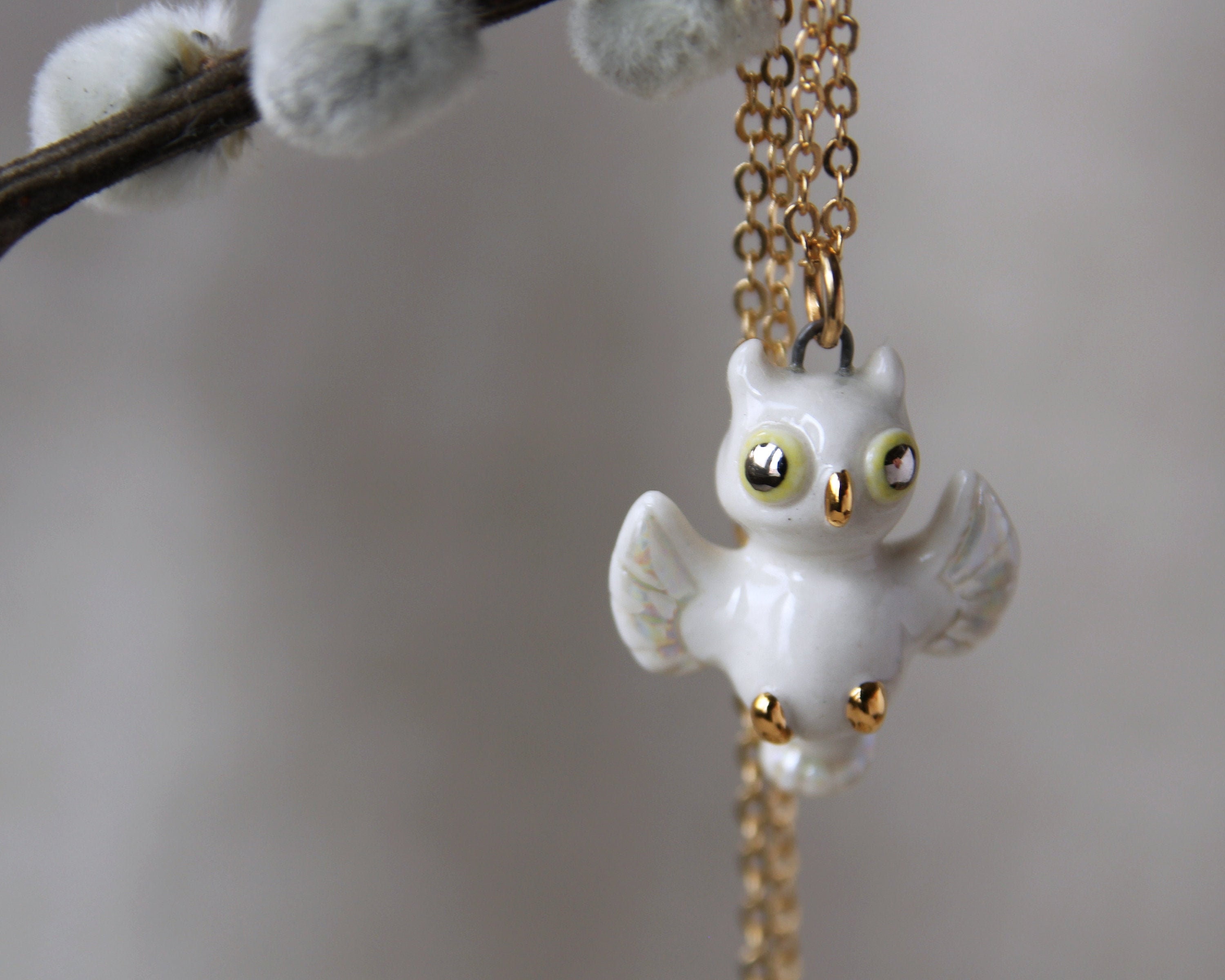 Owl Necklace, Tiny Ceramic Owl Pendant, Night Bird Charm, Small Cute White Bird Necklace, Snowy Owl 