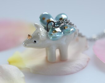 Porcelain Rhino Necklace, Rhino Jewelry, Ceramic Animal Charm, Tiny Animal Charm, Animal Lover Gift, Rhino Butterfly Charm Necklace