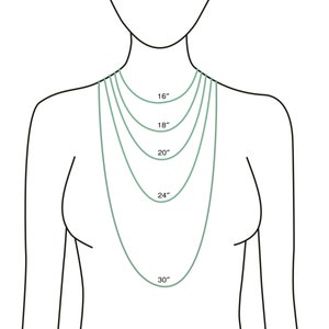 May include: Diagram showing different necklace lengths on a person's neck. The lengths are 16 inches, 18 inches, 20 inches, 24 inches, and 30 inches.