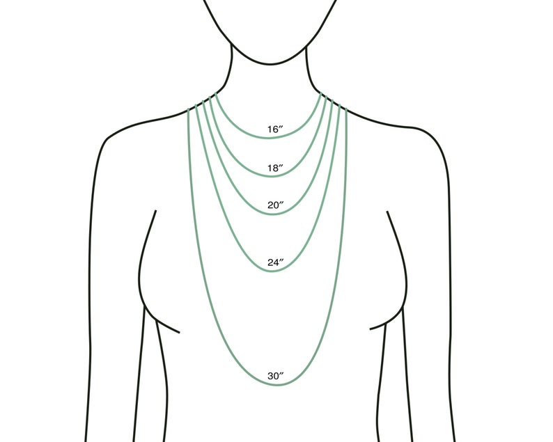 May include: Diagram showing different necklace lengths on a person's neck. The lengths are 16 inches, 18 inches, 20 inches, 24 inches, and 30 inches.