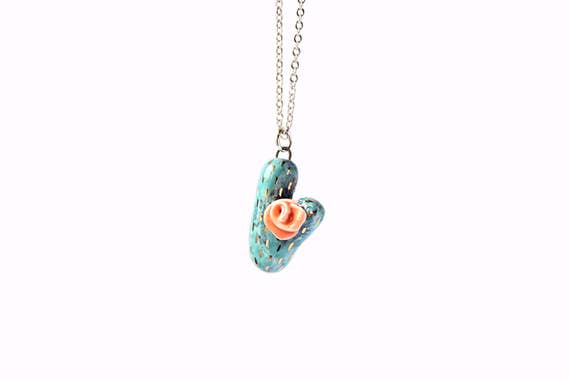 Cactus Necklace, Handmade Porcelain Pendant, Cactus Lover Gift, Cute Blooming Cactus Charm, Unique Cactus Necklace, Ceramic Cactus Charm