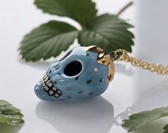 Porcelain Strawberry Skull Necklace, 22K Gold Luster