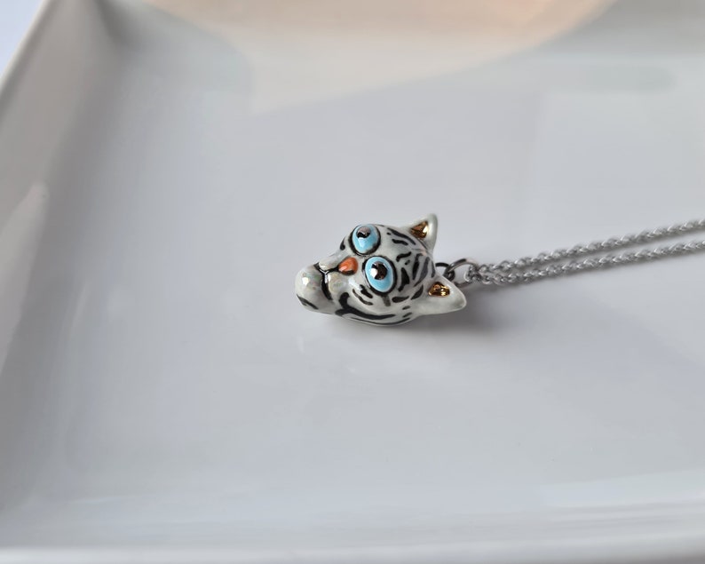 Tiger Necklace, Porcelain Tiger Pendant, Small tiger charm, Handmade ceramic tiger, Cute animal necklace, Cat lover gift, Small animal charm image 9