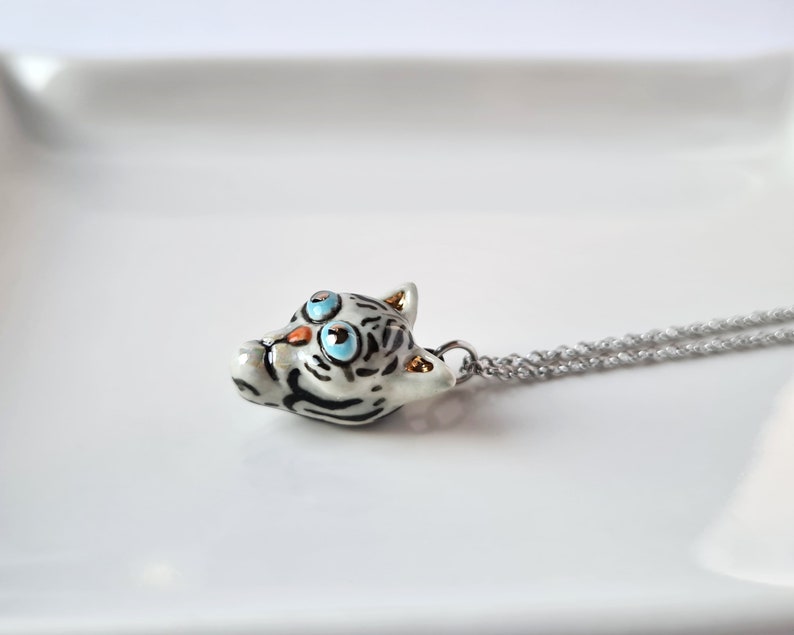 Tiger Necklace, Porcelain Tiger Pendant, Small tiger charm, Handmade ceramic tiger, Cute animal necklace, Cat lover gift, Small animal charm image 1