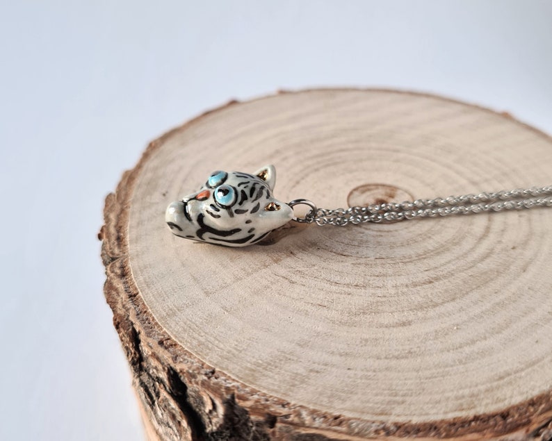 Tiger Necklace, Porcelain Tiger Pendant, Small tiger charm, Handmade ceramic tiger, Cute animal necklace, Cat lover gift, Small animal charm image 4