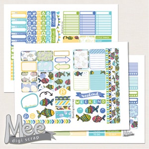 EClp august stickers,printable planner stickers,summer planner stickers,colorful fish stickers,green,yellow and blue,weekly sticker kit