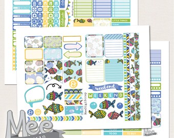 EClp august stickers,printable planner stickers,summer planner stickers,colorful fish stickers,green,yellow and blue,weekly sticker kit