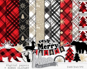 Kerstbuffel geruit digitaal papier: plakboek en illustraties (digitale download)