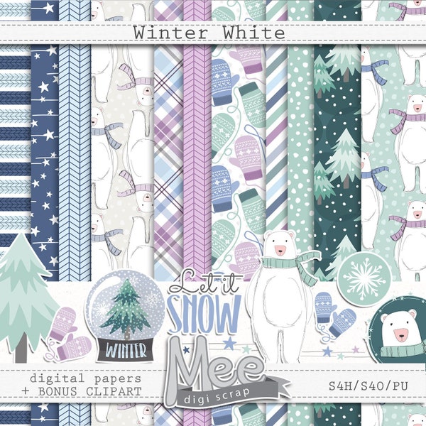 Winter digital papers and clipart,Winter bear digital scrapbook kit,baby boy digital scrapbooking,planner printables,white christmas papers