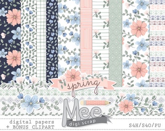 Lente boho bloemen digitale papierset: plakboek en illustraties (digitale download)