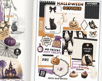 Halloween Planner Stickers, Scrapbook PNG Set, Witchy Theme (Digital Download)