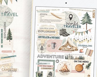 Glamping Digital Stickers: Vintage Travel Planner Set (PNG, GoodNotes)