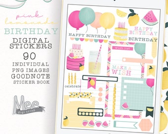 Stickers numériques anniversaire limonade rose : agenda et journal (PNG, Goodnote)