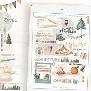 Pegatinas digitales de glamping, pegatinas para planificadores de viajes, juego de pegatinas para acampar, pegatinas estéticas, pegatinas de diario de estilo vintage, pegatinas de vacaciones