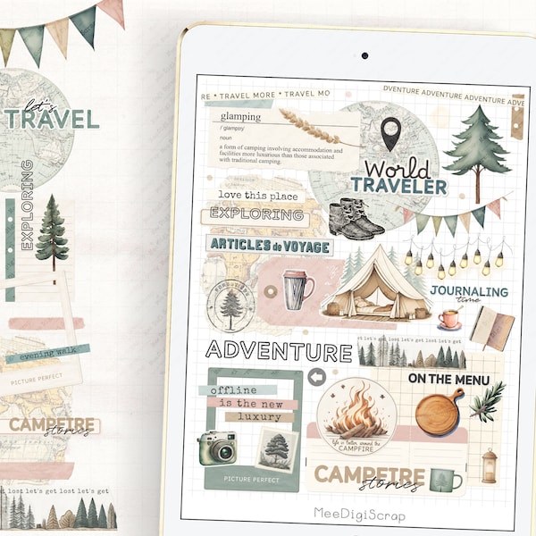 Glamping digital stickers ,Traveling planner stickers,camping sticker set,aesthetic stickers,vintage style journal stickers,vacation sticker