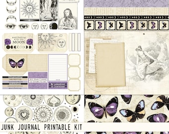 May include: A printable junk journal kit with a celestial theme. The kit includes images of moons, stars, butterflies, and a woman sitting on a crescent moon. The text "manifesting with the moon" and "My potential is limitless" are included in the kit.