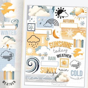 Op de afbeelding: Een digitale sticker sheet met illustraties van weerelementen, waaronder wolken, zon, regen, sneeuw en wind. De stickers zijn in verschillende kleuren, waaronder blauw, geel en wit. De tekst "Sunshine today", "Rain", "Sunny days", "Cold weather", "Autumn" en "Winter" is op de sheet opgenomen.