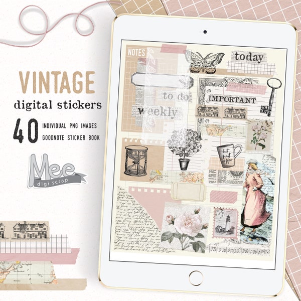 Junk journal digital stickers, Vintage aesthetic digital planner stickers,craft paper sticky notes,for use with digital planner and journal