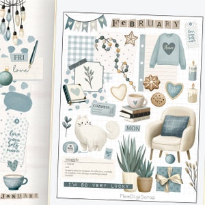Stickers pour agenda numérique Esthétique bleu de février, moodboard hiver, pour planning sur iPad, journal de scrapbooking png, stickers dessinés à la main