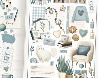 February Blue Aesthetic Planner Stickers, Winter Mood Board (Digital Download)