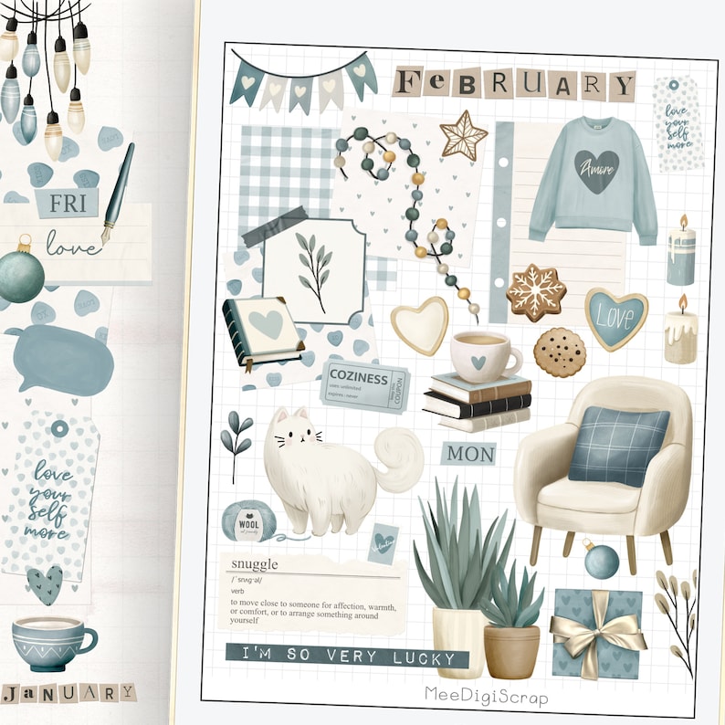 May include: A set of digital planner stickers featuring a cosy winter theme. The stickers include a cat, a chair, a cup of coffee, a book, a Christmas ornament, a snowflake, a heart, a candle, a wreath, and the words "February", "Love", "Snuggle", "Cozy", and "I'm so very lucky".