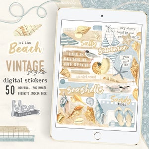Beach digital junk journal stickers,aesthetic planner stickers vintage style scrapbook,summer sticker book,seashels ,for tablet/iPad planner