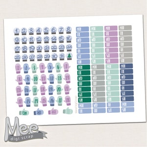 Puede incluir: Hoja de pegatinas para planificador con diseños de invierno. Las pegatinas incluyen bolas de nieve numeradas, mitones y etiquetas de días de la semana en colores pastel. El logotipo de Mee Digi Scrap es visible.
