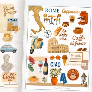 Adesivos de viagem Café em Roma, Itália. PNG DIGITAL, Adesivos Noteful, Adesivos Goodnotes, Adesivos para amantes de café, Férias de verão na Europa