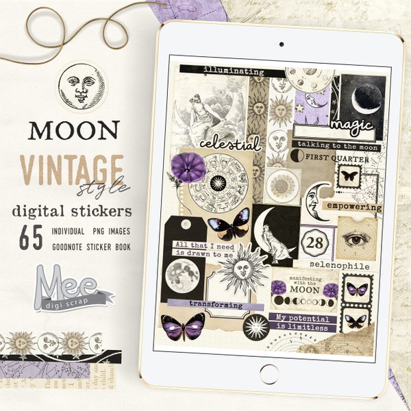 Moon DIGITAL planner stickersfor use with digital planner/journal on your tablet or iPad,celestial stickers,digi bujo,scrapbook,gothic