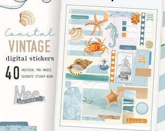Stickers vintage de l'agenda côtier : voyages d'été, coquillages (téléchargement numérique)