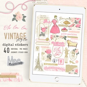 Pegatinas de planificador de estilo vintage francés, pegatinas de San Valentín, archivos PNG de diario basura para usar con planificadores/diarios digitales en su tableta o iPad