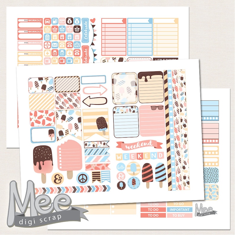 Ice Cream Summer Planner Stickers: ECLP Printable Kit (Digital Download) image 1