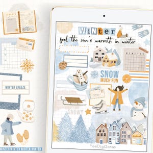 Pegatinas de planificador digital de invierno, pegatinas PNG estéticas para diarios, libro de pegatinas GoodNotes, álbumes de recortes con acuarela y planificación digital