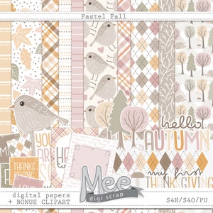 Papeles digitales de otoño pastel + imágenes prediseñadas extra, papel digital de álbum de recortes, papel digital de otoño, acción de gracias pastel de bebé, clip art digital png pastel