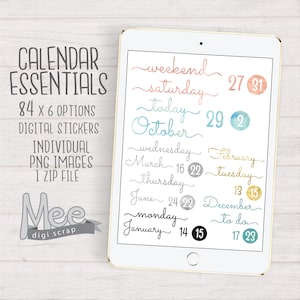 Adesivi per planner digitali con giorni della settimana, mesi, numeri, oro rosa, oro, nero, turchese, argento, copertine per date da utilizzare nei planner digitali.
