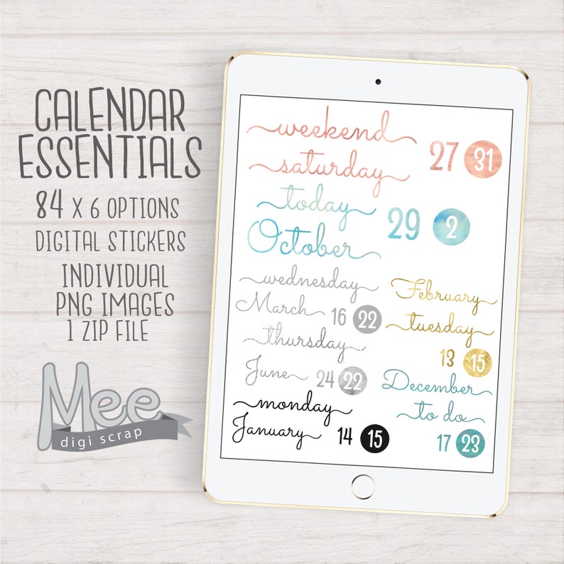 Digital planner stickers days of the week,months,numbers,rose gold,gold,black,tirquoise,silver date covers for use on Ipad,goodnotes,xodo 