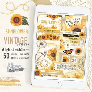 May include: A digital sticker set featuring a vintage style sunflower theme. The set includes 50 individual PNG images for use in Goodnotes sticker books. The stickers feature sunflowers, butterflies, clocks, music notes, and text that says "Stand tall and face the sun", "sunny day", "beautiful strong bright bold", and "sunshine".