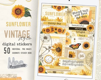 Sunflower Digital Stickers: Vintage Planner, GoodNotes (PNG)
