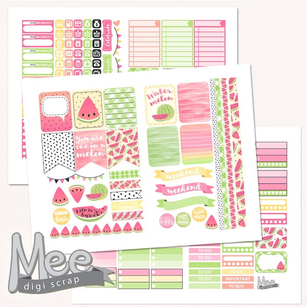 Watermelon planner stickers,printable planner stickers,Watermelon Sticker Set,Printable EClp Stickers,watercolor,cut lines file