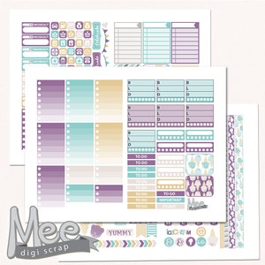 May include: A set of printable planner stickers with a pastel color scheme. The stickers feature various designs, including boxes, checklists, and icons. The stickers are perfect for organizing and decorating your planner.