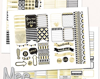 Gold,black and White Planner Stickers,new Years Printable Stickers,fits  Your Erin Condren Planner,weekly Sticker Kit,glam Planner Stickers 