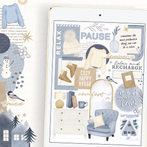 Gezellige blauwe digitale plannerstickers voor gebruik met digitale planner/dagboek op je tablet of iPad, Hygge-winterstickers, png-plannerstickers