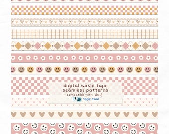 Pink Beige Digital Washi Tape Set  – Smiley, Gingham, Hearts & Bows Patterns