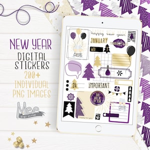 Pegatinas digitales moradas de Año Nuevo, pegatinas digitales moradas de celebración para usar con planificador/diario digital en su tableta o iPad