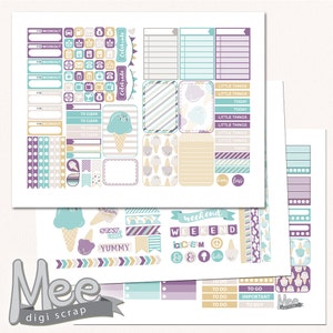 May include: A set of printable planner stickers featuring an ice cream cone theme. The stickers are in shades of purple, teal, and yellow with white polka dots and stripes. The stickers include phrases like "celebrate", "weekend", "stay cool", and "yummy".