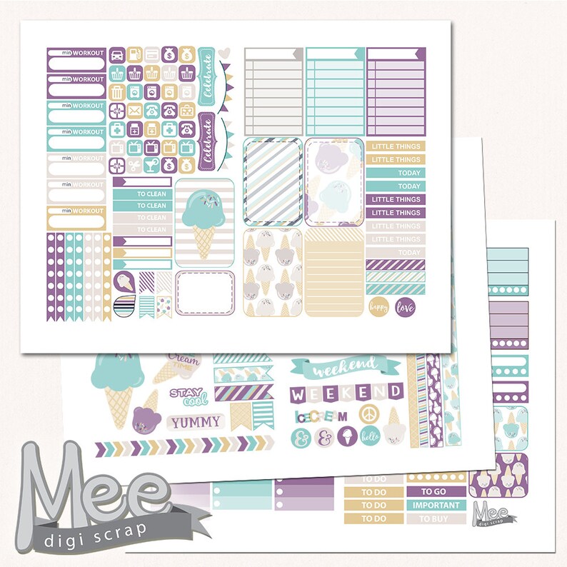 May include: A set of printable planner stickers featuring an ice cream cone theme. The stickers are in shades of purple, teal, and yellow with white polka dots and stripes. The stickers include phrases like "celebrate", "weekend", "stay cool", and "yummy".