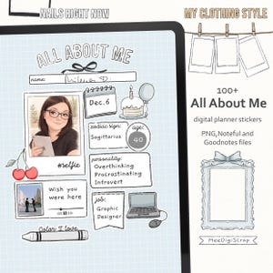 Könnte beinhalten: Digitale Planer-Aufkleber zum Thema "All About Me". Das Design umfasst ein Selbstporträt, eine Geburtstagstorte und Textfelder für persönliche Details. Die Aufkleber sind kompatibel mit PNG-, Noteful- und Goodnotes-Dateien.